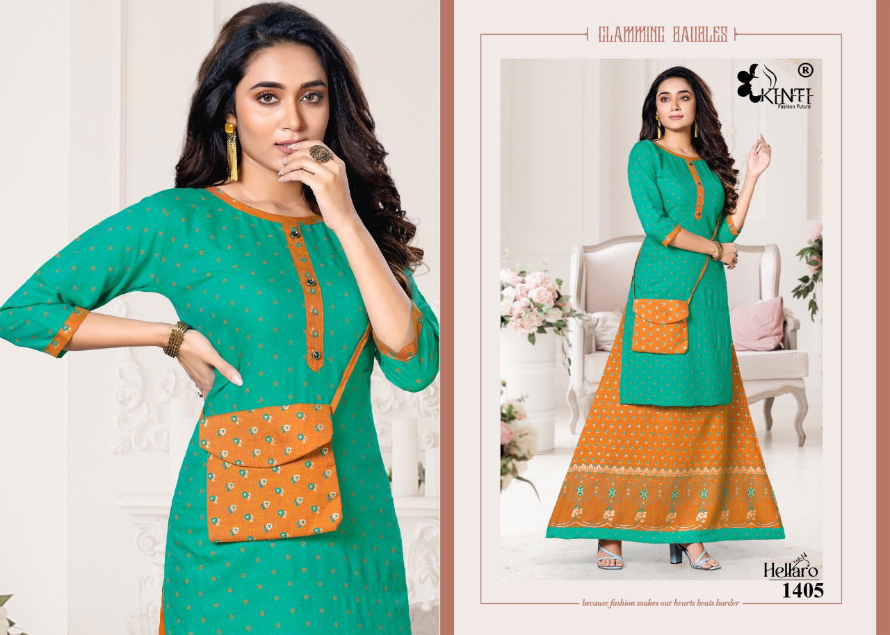 Kinti Hellaro 14 Ethnic Wear Rayon Printed Designer Fancy Kurti With Skirt Collection